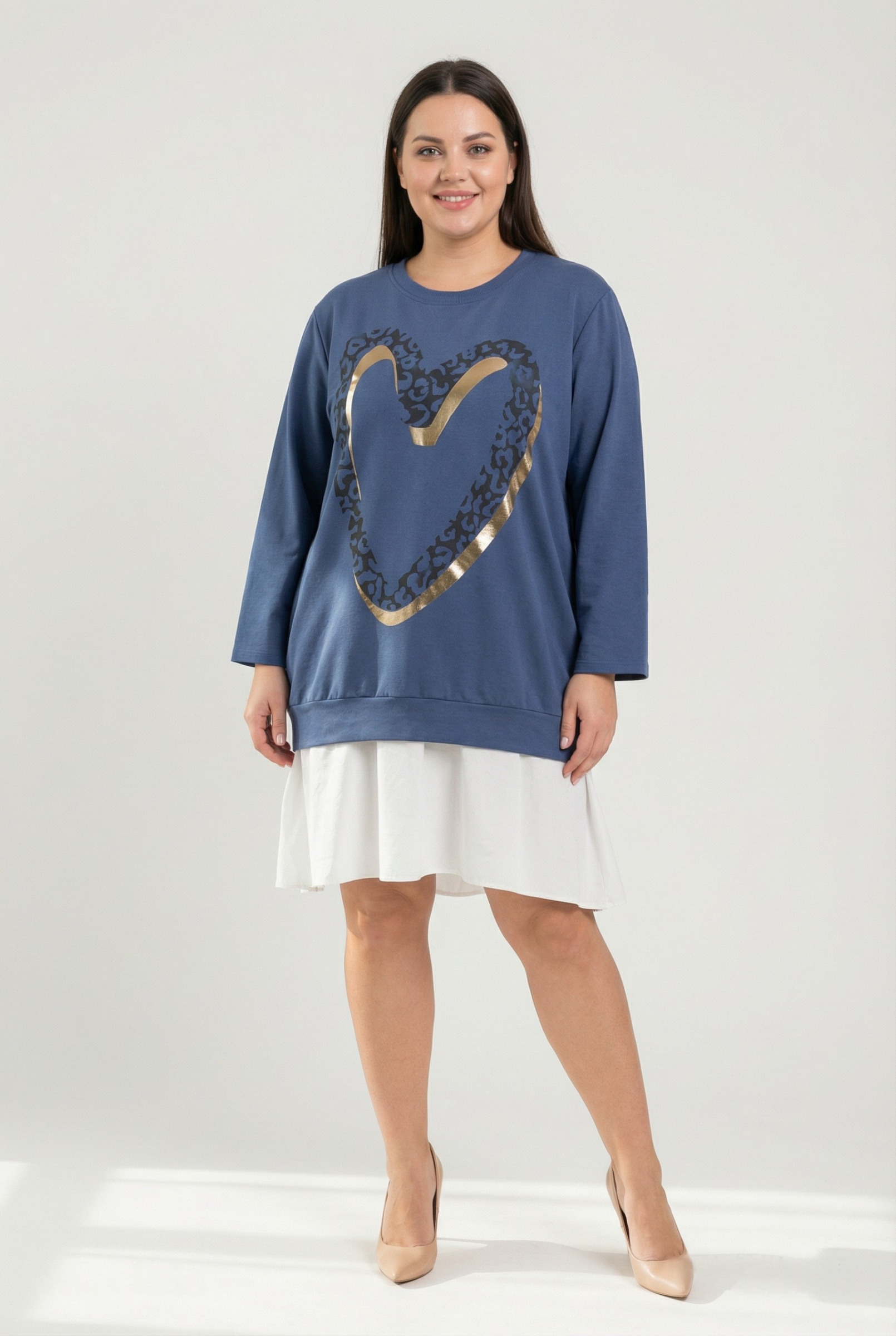 Grossiste Pomme Rouge Paris - Robe grande taille motif cœur bleu (T221214)