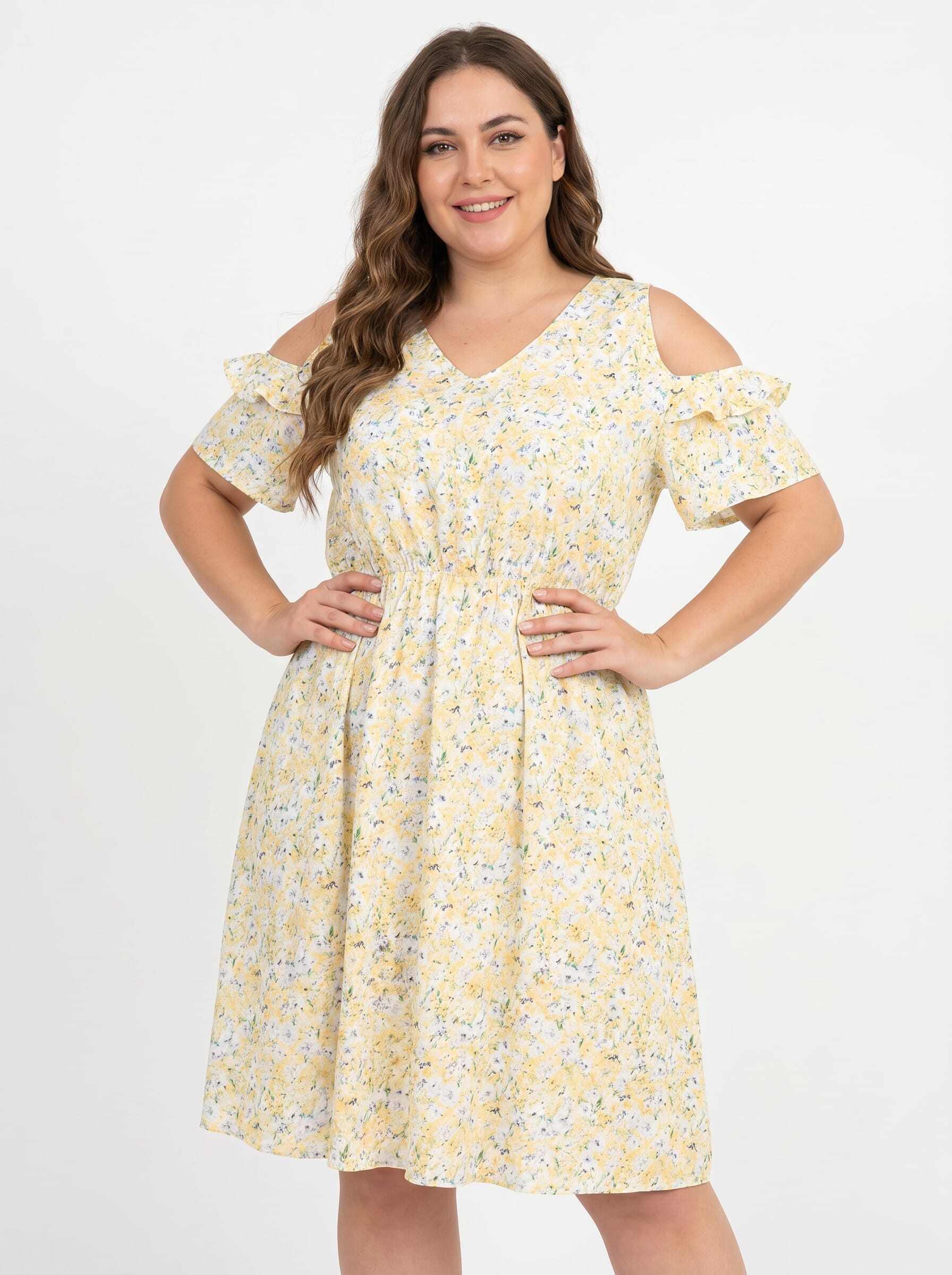 Grossiste Pomme Rouge Paris - Robe grande taille imprimé jaune (C6575)