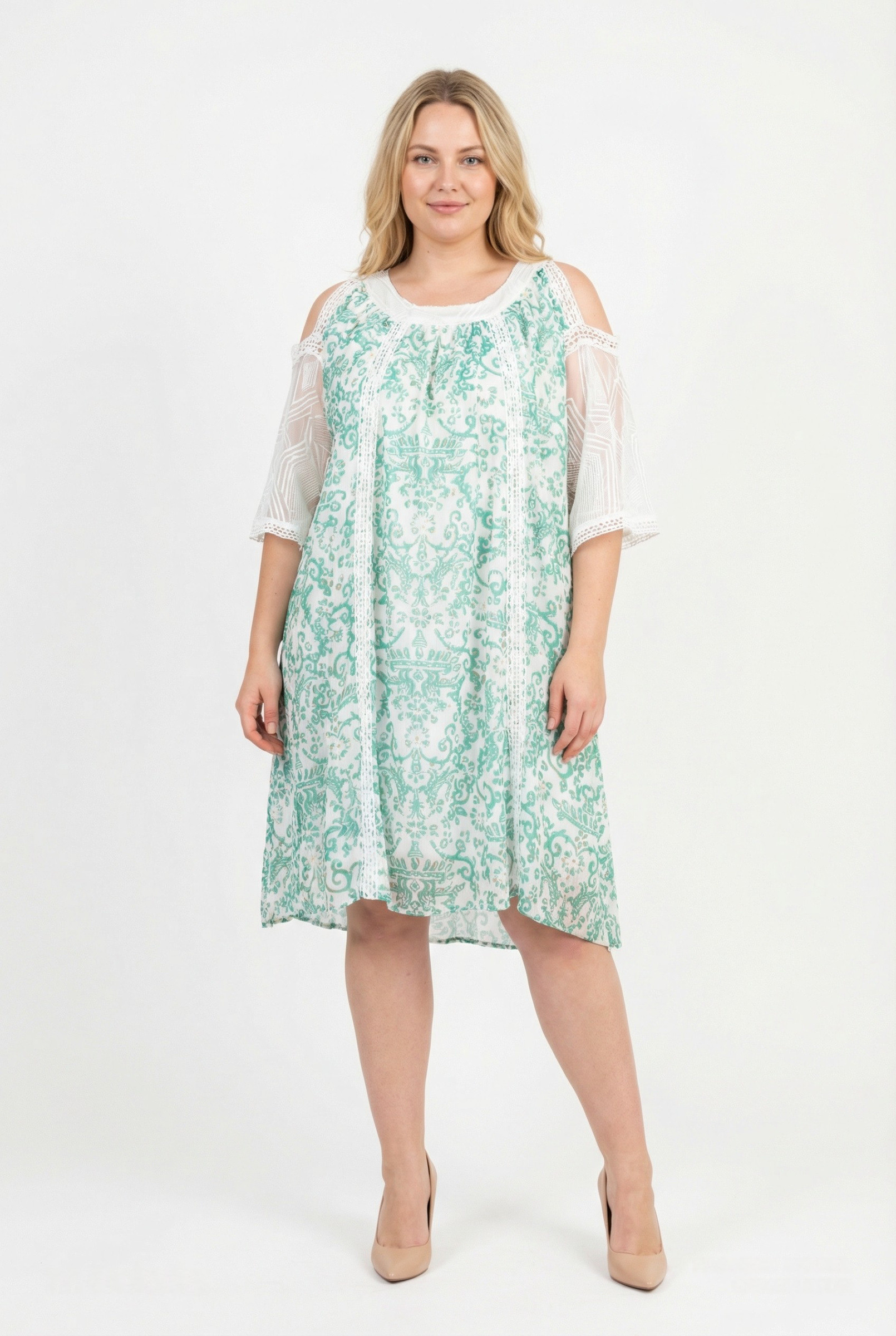 Grossiste Pomme Rouge Paris - Robe grande taille imprimé vert (C6598)