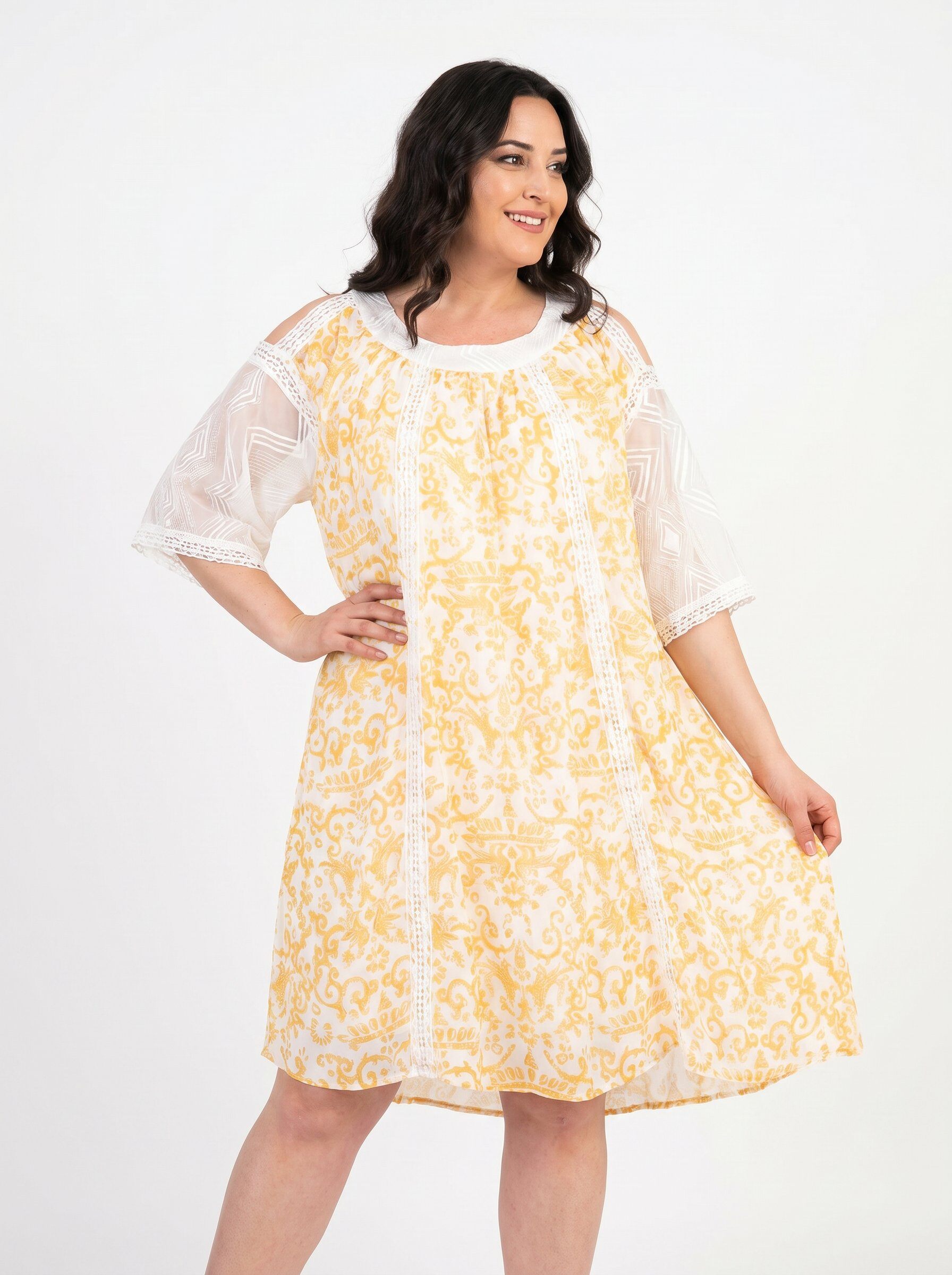 Grossiste Pomme Rouge Paris - Robe grande taille imprimé jaune (C6598)