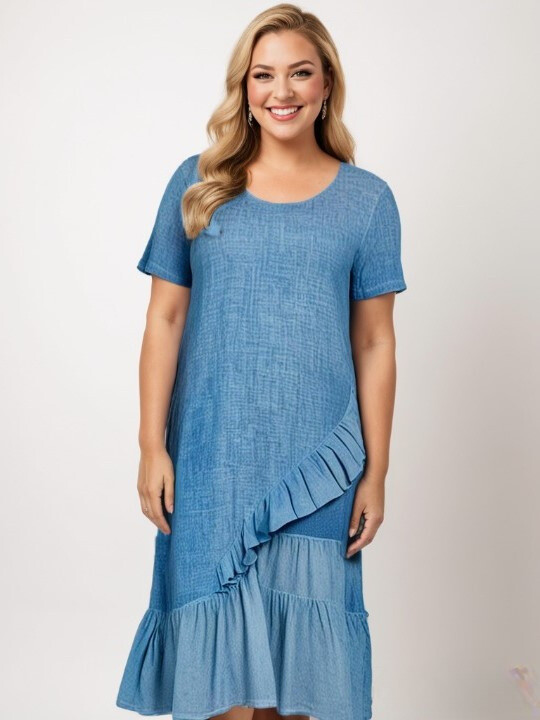 Großhändler Pomme Rouge Paris - Blaues Kleid in Übergröße mit asymmetrischem Saum (C8017)