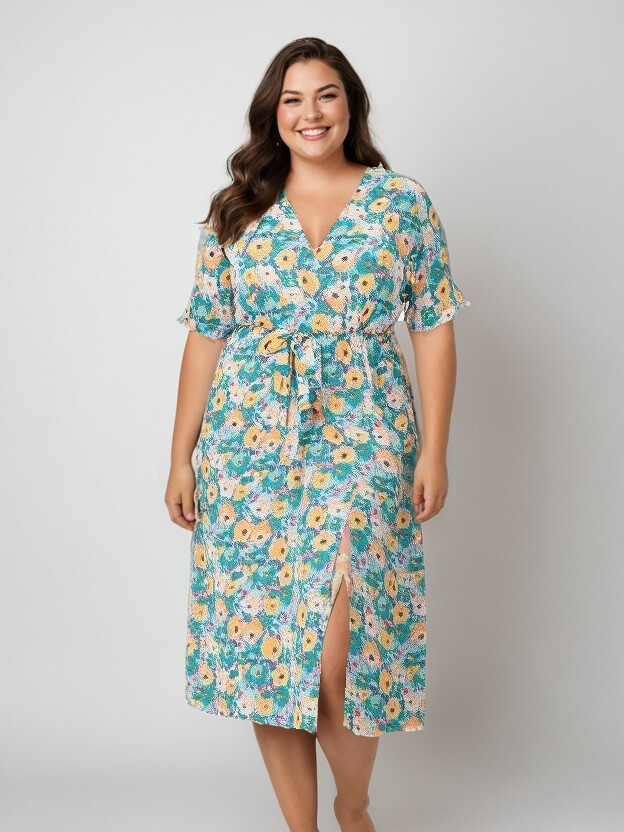 Grossiste Pomme Rouge Paris - Robe imprimée vert fendue (C6555)