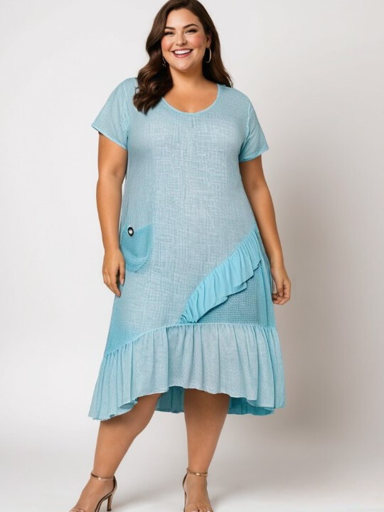 Großhändler Pomme Rouge Paris - Kleid in Übergröße mit asymmetrischer türkiser Basis (C8017)