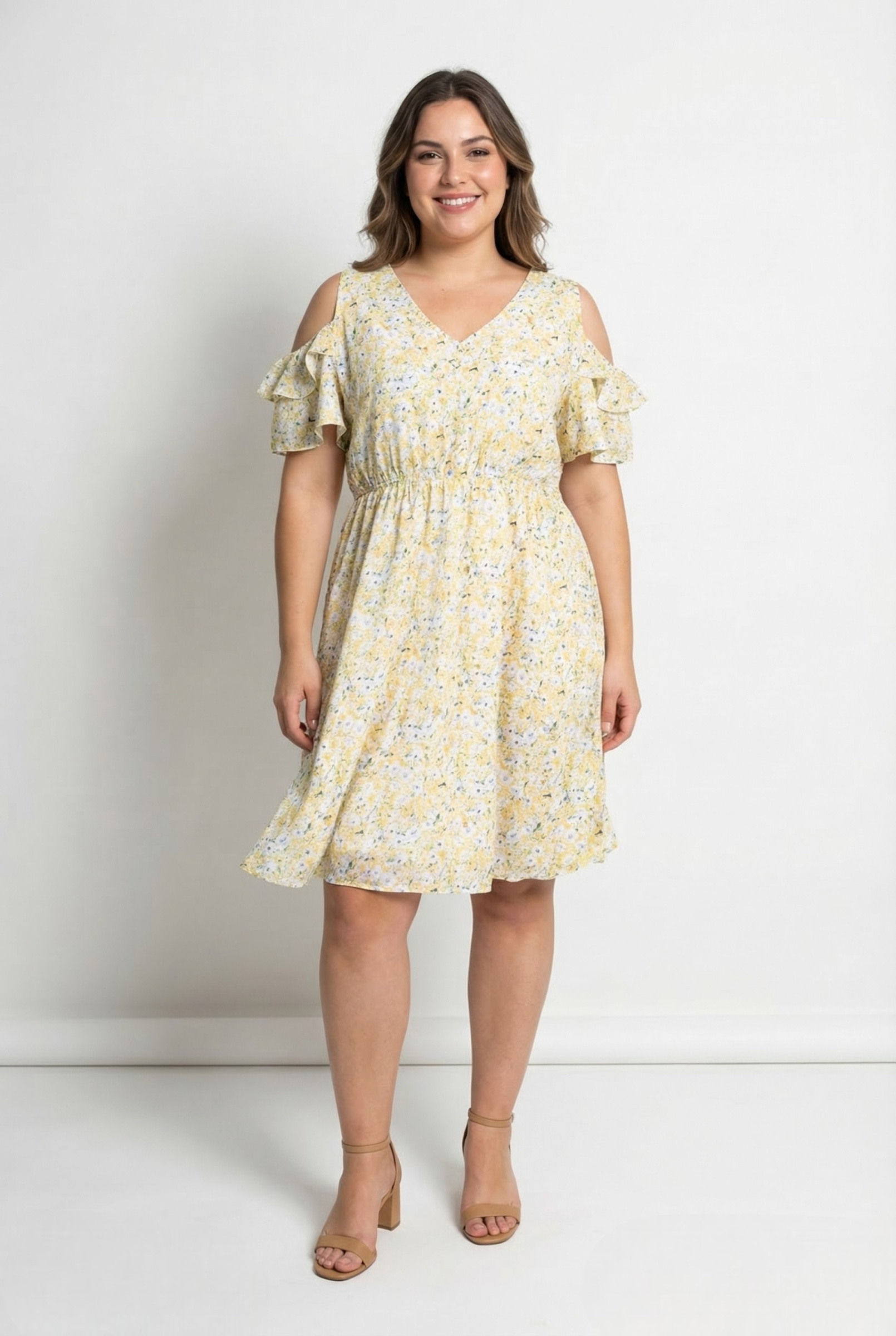 Grossiste Pomme Rouge Paris - Robe grande taille imprimé jaune (C6575)