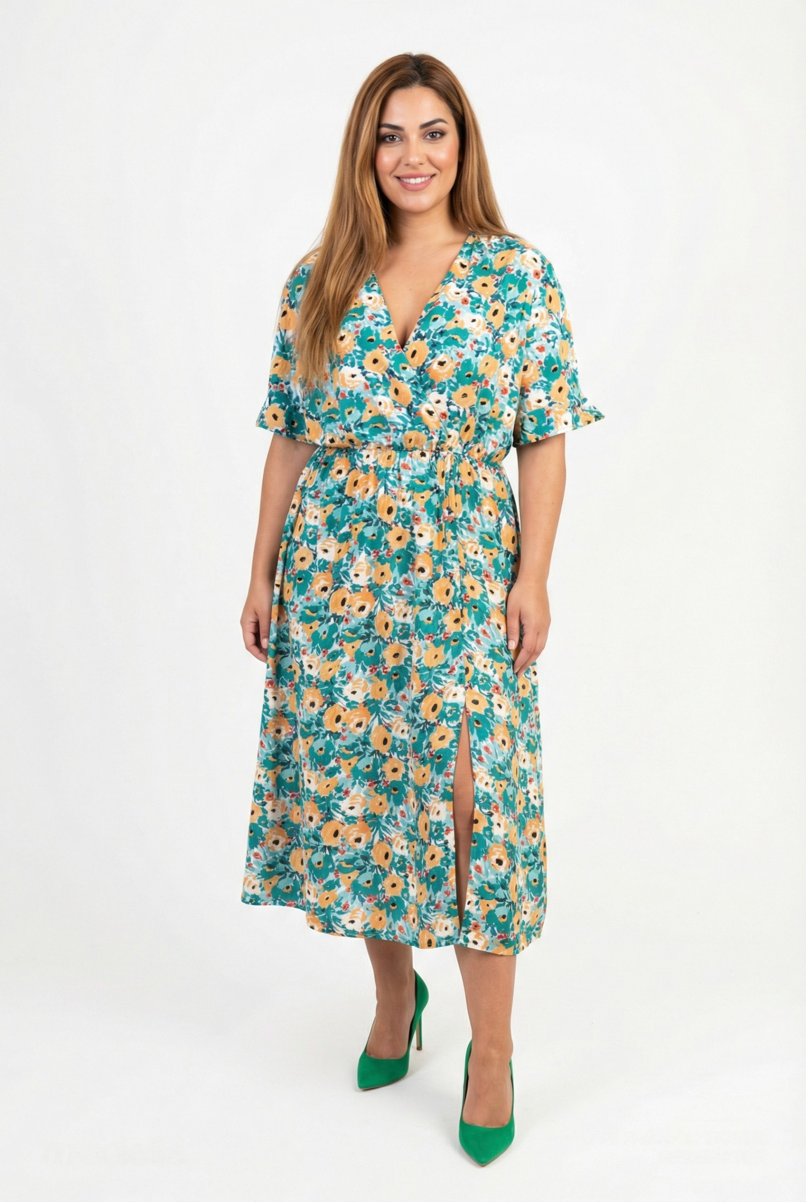Grossiste Pomme Rouge Paris - Robe fendue grande taille imprimée vert (PC6555)