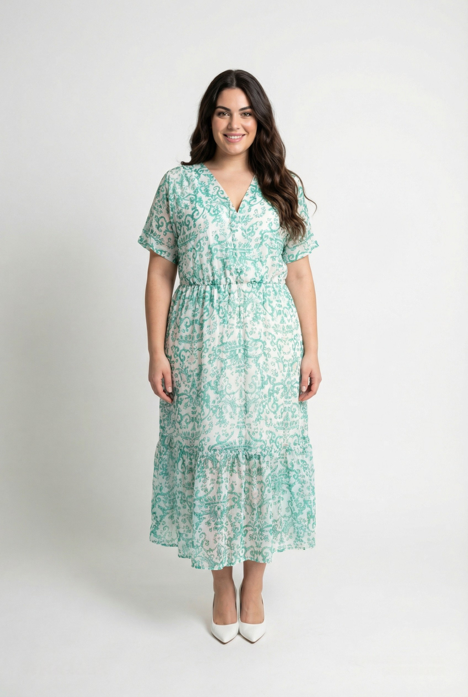 Grossiste Pomme Rouge Paris - Robe longue grande taille imprimé vert (C6570)