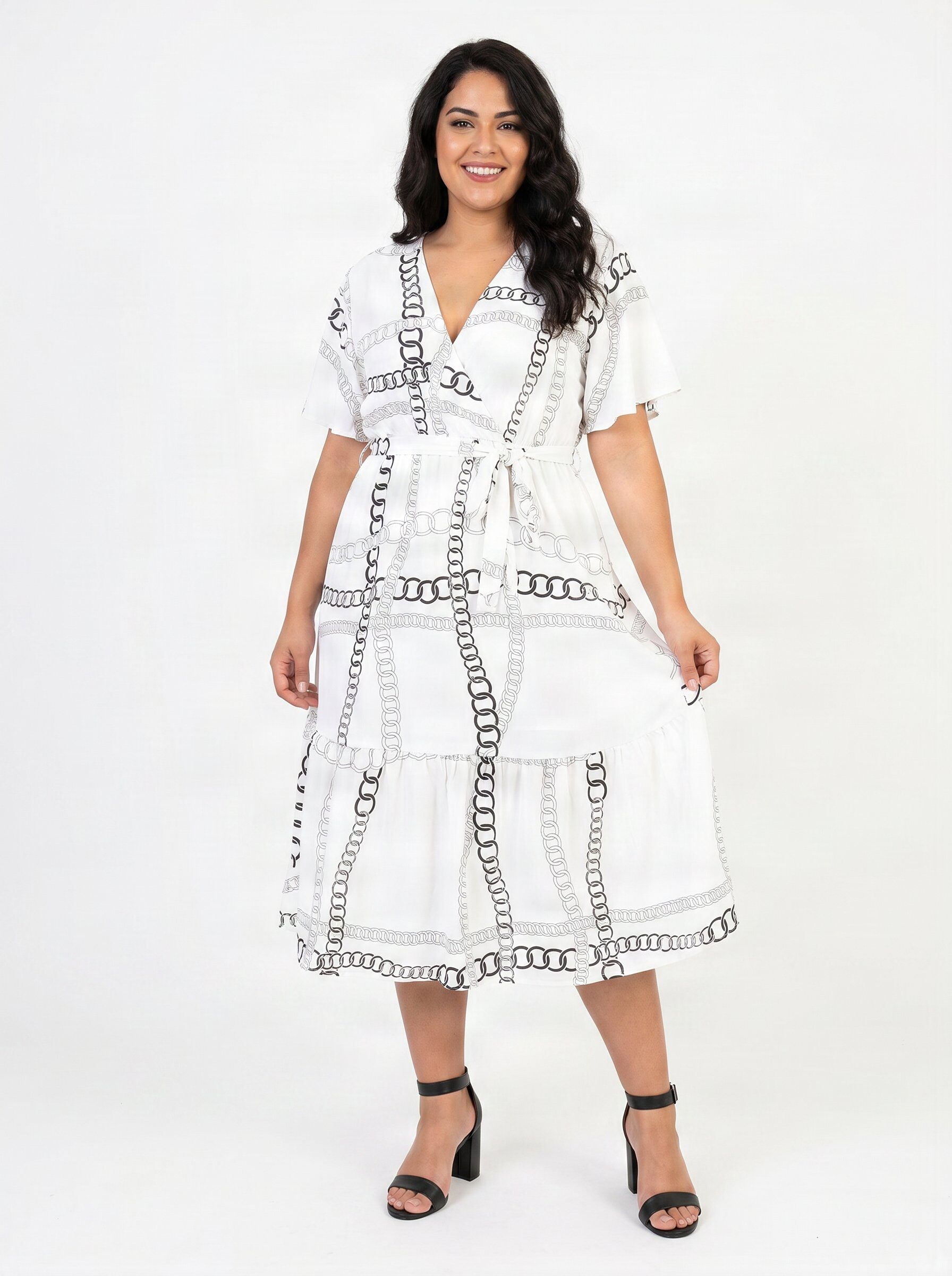 Grossiste Pomme Rouge Paris - Robe cache coeur imprimé chaine blanc (PC6552)