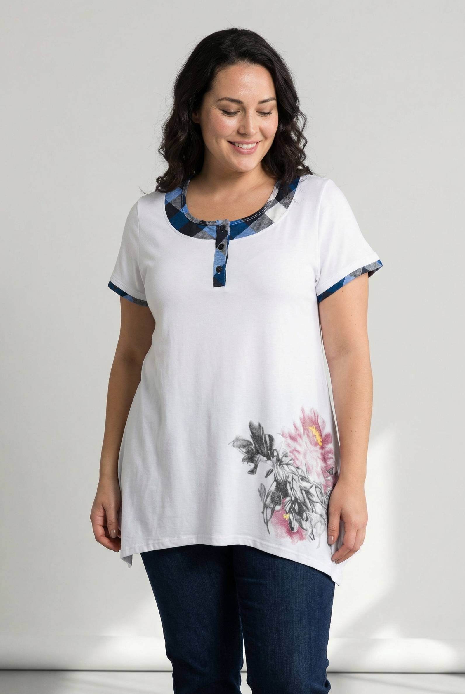 Grossiste Pomme Rouge Paris - Tshirt à carreaux bleu grande taille (A598)
