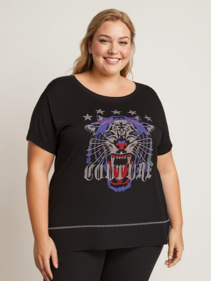 Grossiste Pomme Rouge Paris - T-shirt tête de tigre noir (T51946)