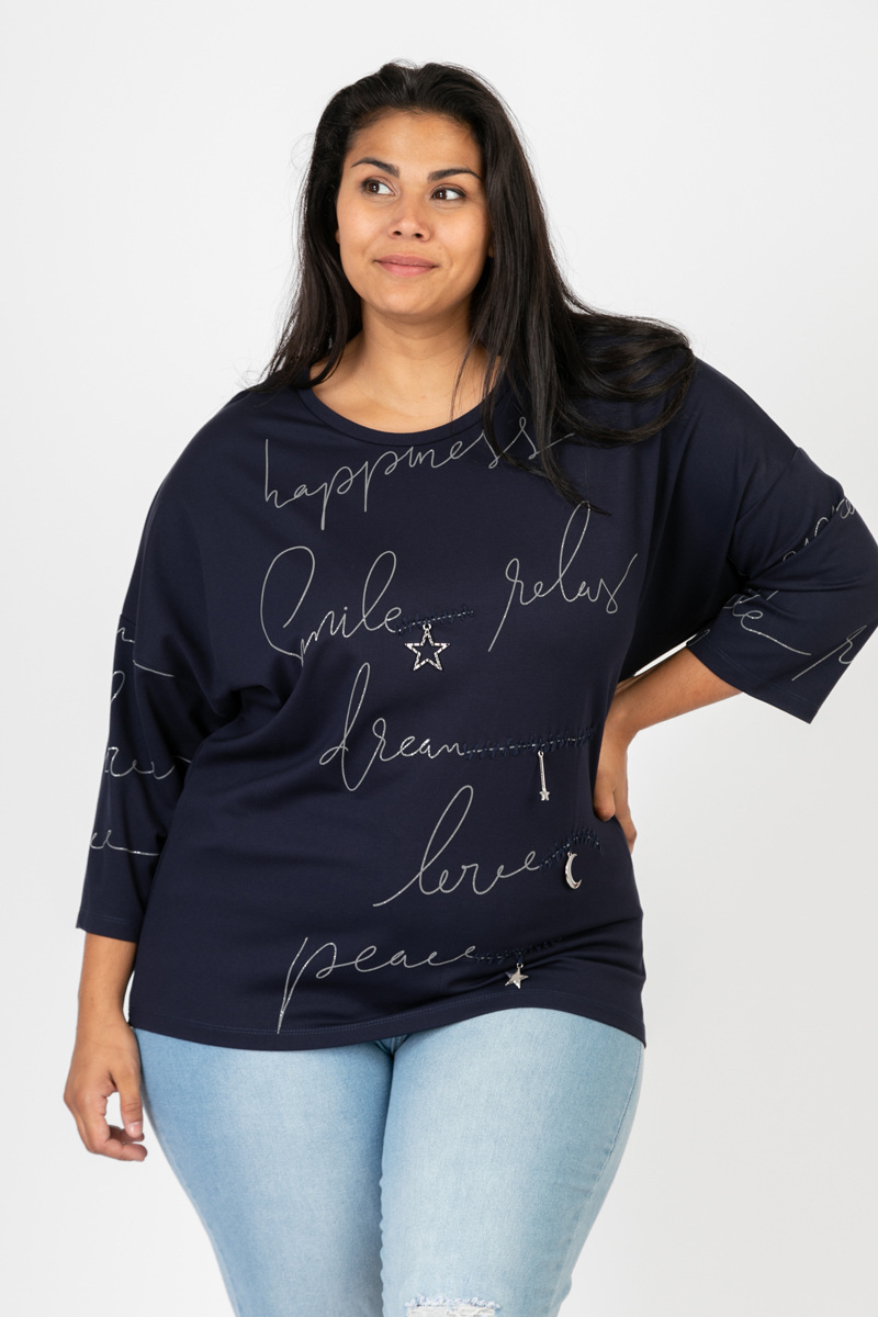 Mayorista Pomme Rouge Paris - Camiseta azul estampada de talla grande con colgante (C6601)