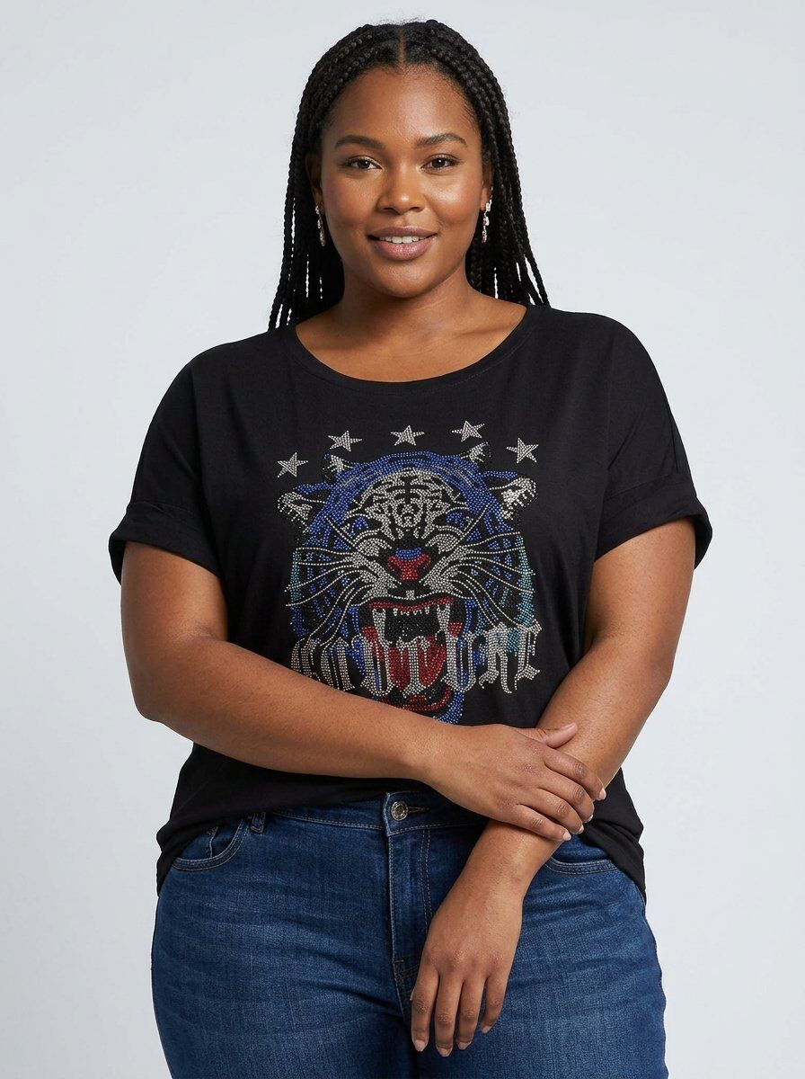 Grossiste Pomme Rouge Paris - T-shirt tête de tigre noir grande taille (T51946)
