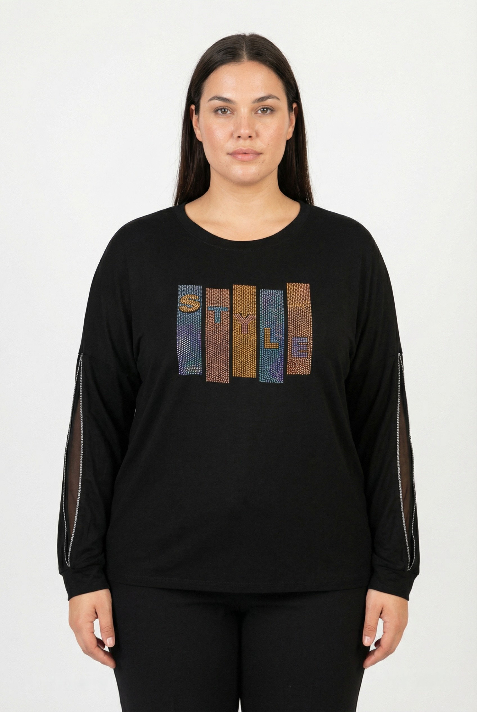 Grossiste Pomme Rouge Paris - T-shirt noir grande taille avec strass et manches fendues