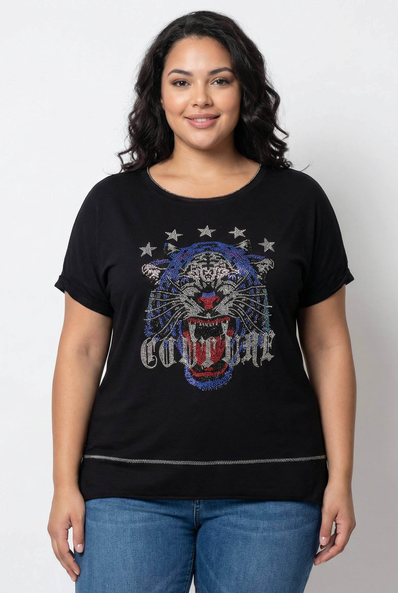 Grossiste Pomme Rouge Paris - T-shirt tête de tigre noir grande taille (T51946)