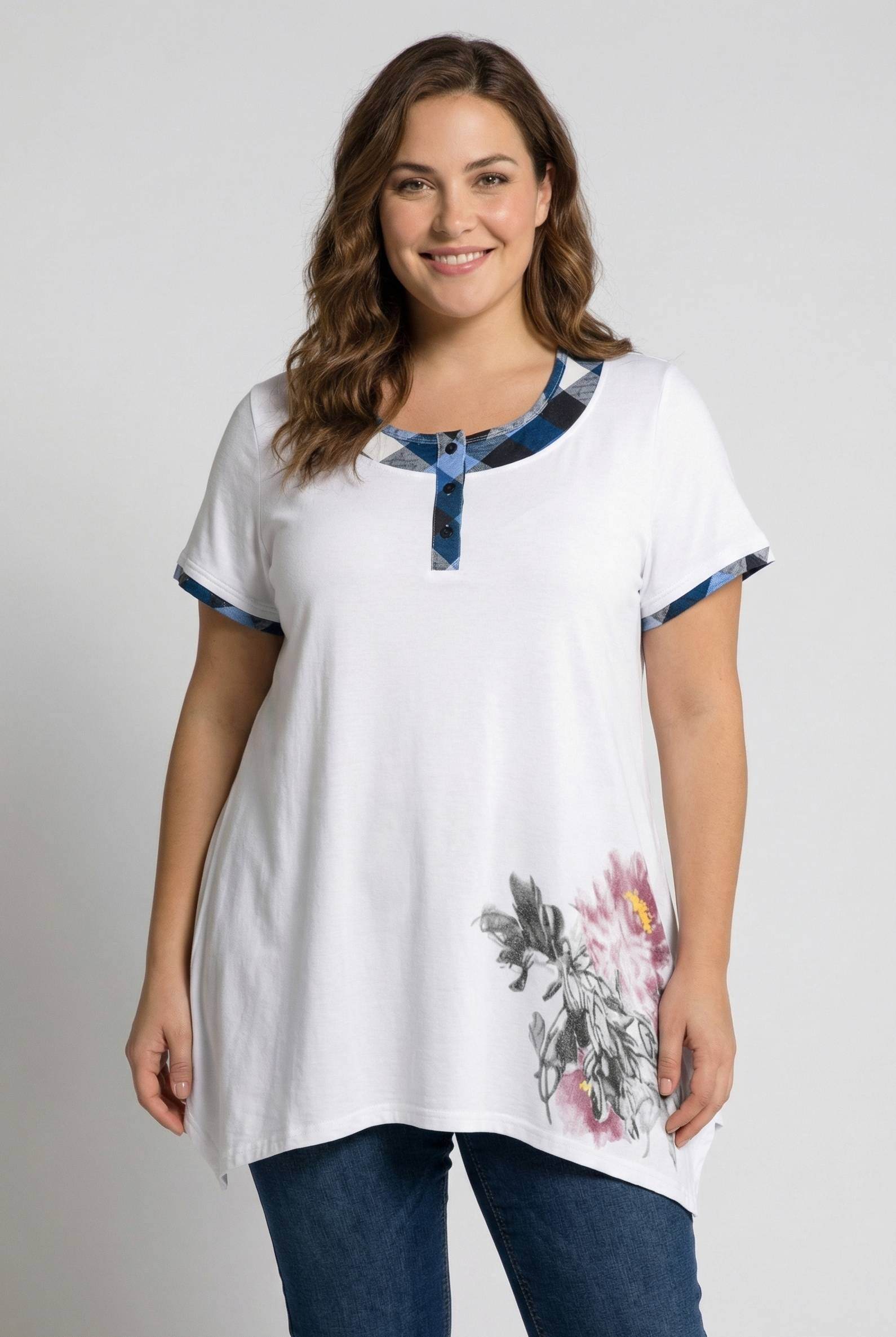 Grossiste Pomme Rouge Paris - Tshirt à carreaux bleu grande taille (A598)