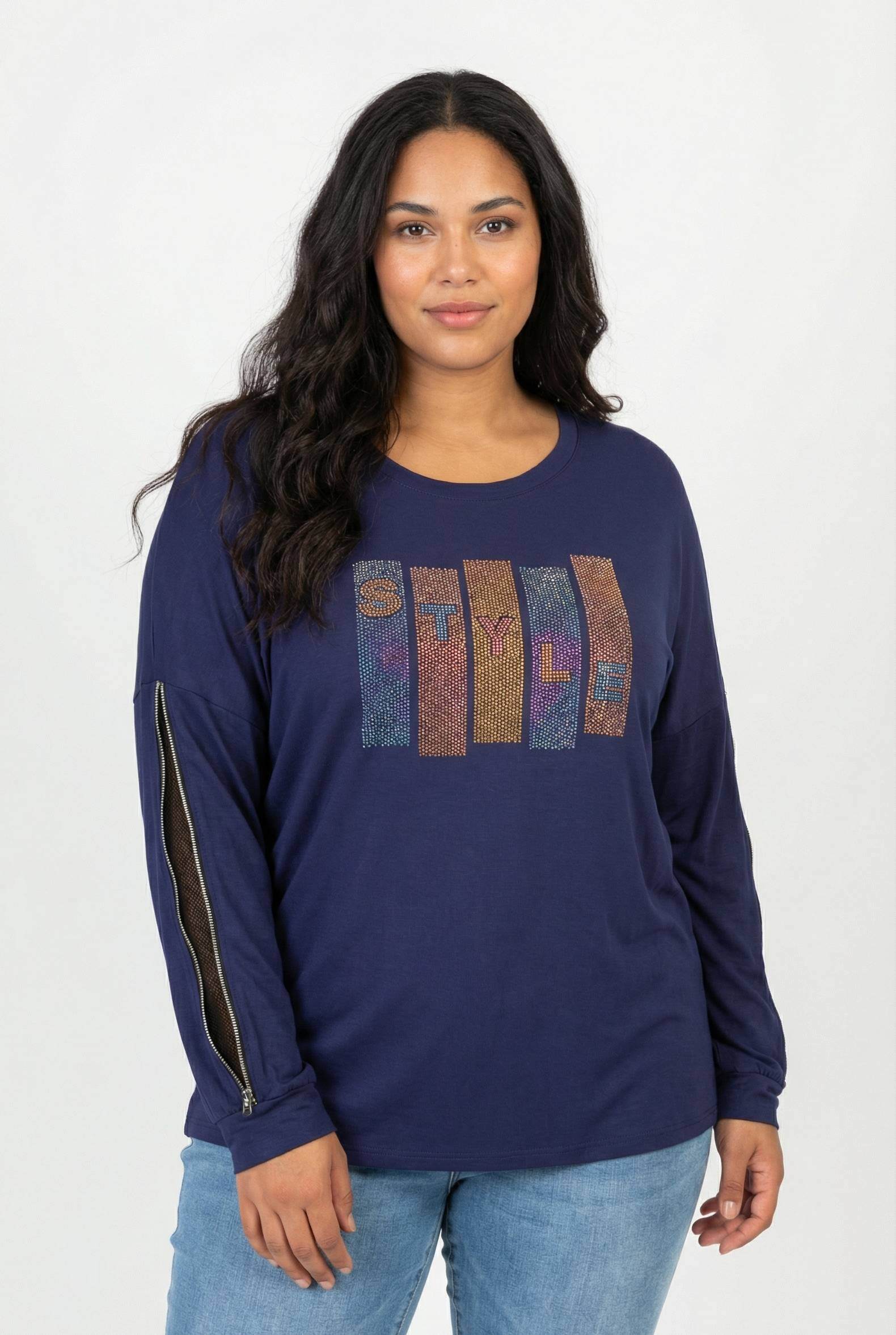 Grossiste Pomme Rouge Paris - T-shirt bleu grande taille avec strass et manches fendues