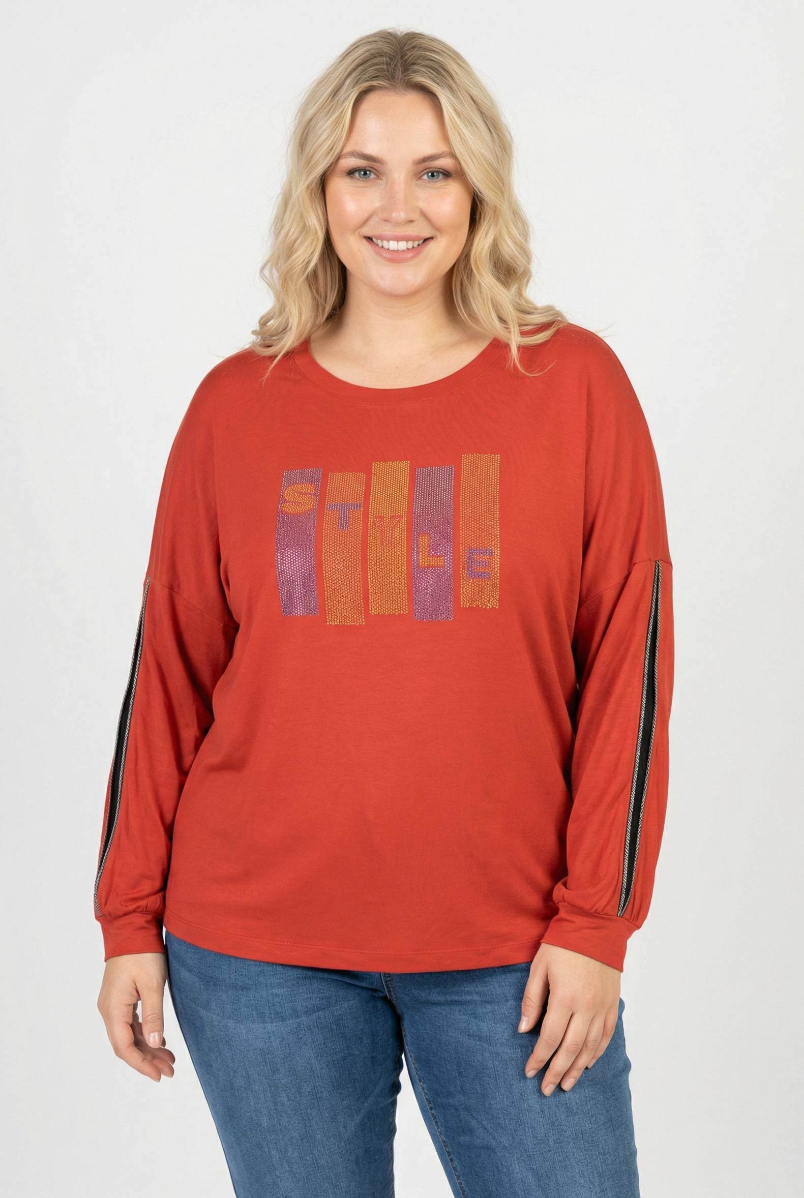 Grossiste Pomme Rouge Paris - T-shirt rouille grande taille avec strass et manches fendues