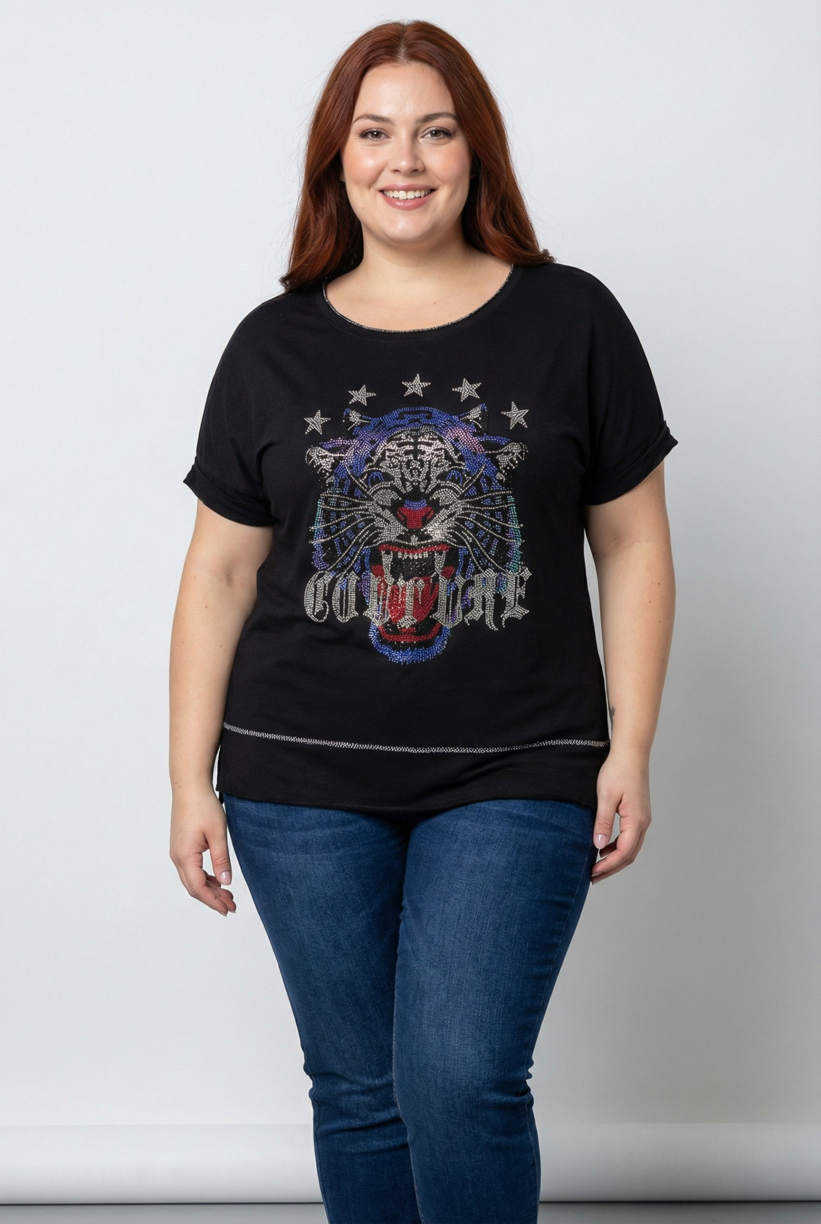 Grossiste Pomme Rouge Paris - T-shirt tête de tigre noir grande taille (T51946)