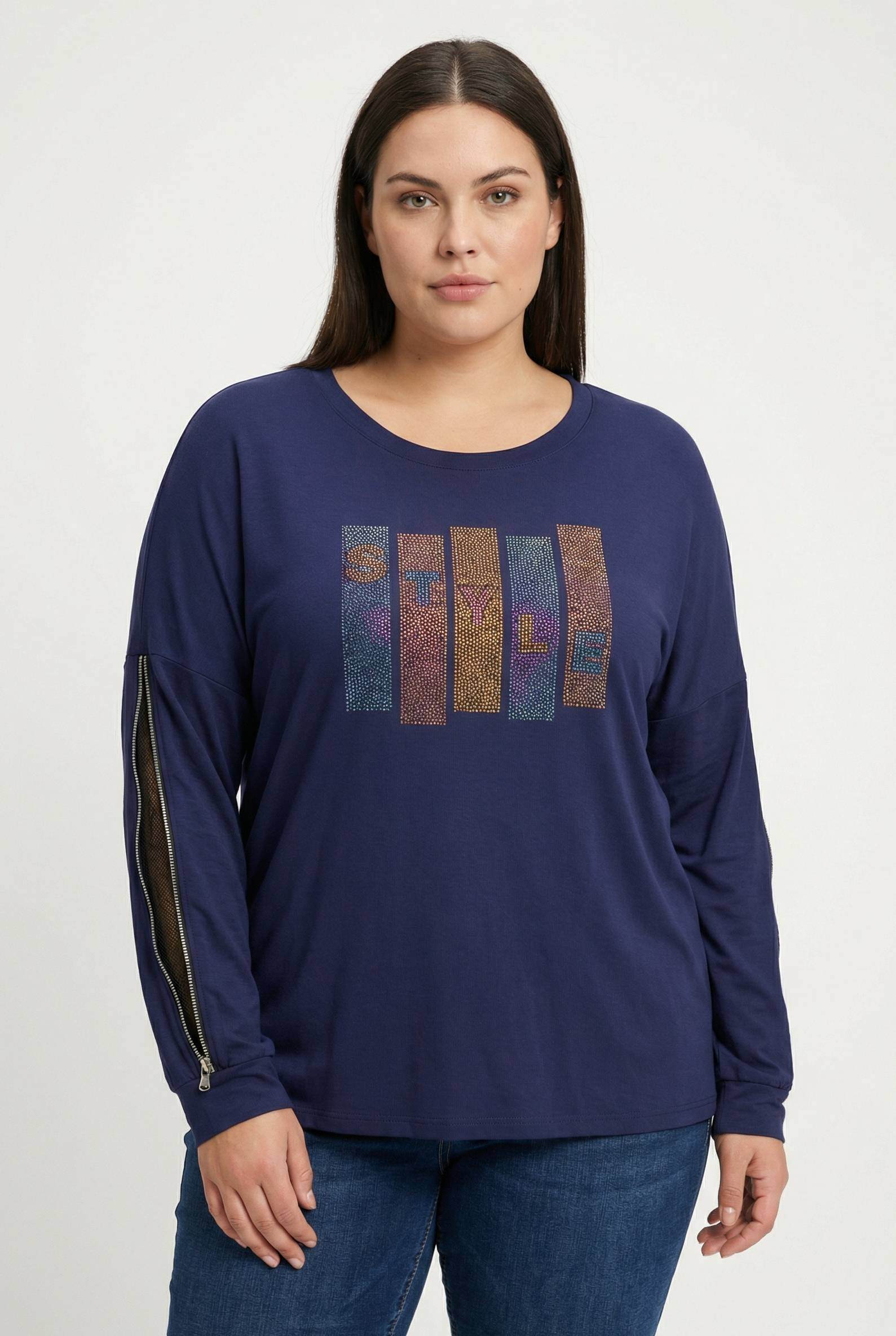Grossiste Pomme Rouge Paris - T-shirt bleu grande taille avec strass et manches fendues