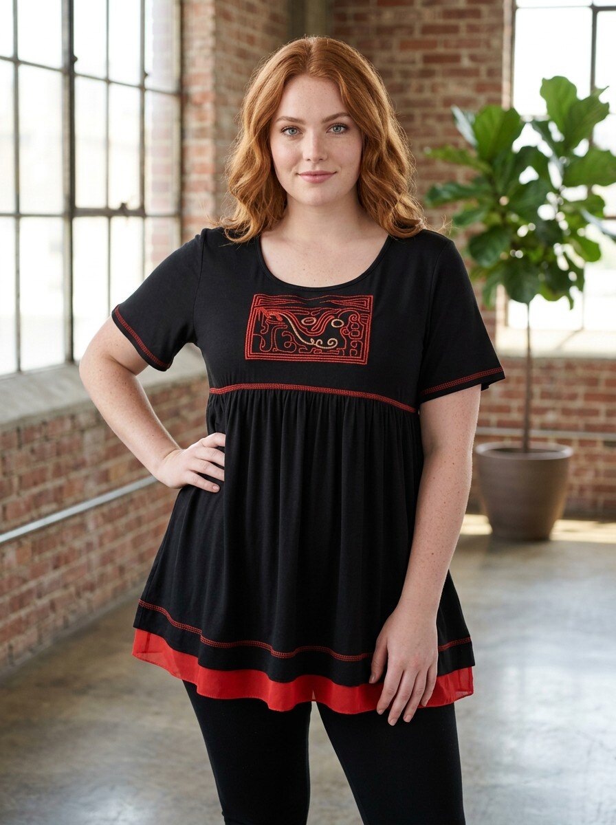 Grossiste Pomme Rouge Paris - T-shirt noir grande taille avec surpiqure et broderies (A549)