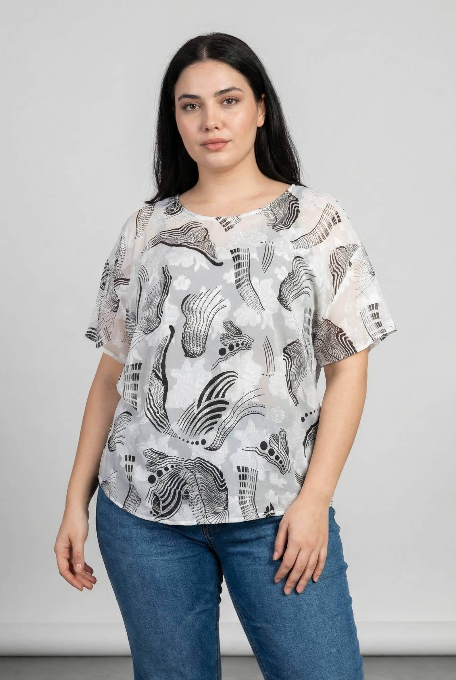 Grossiste Pomme Rouge Paris - Top grande taille imprimé blanc (C6597)