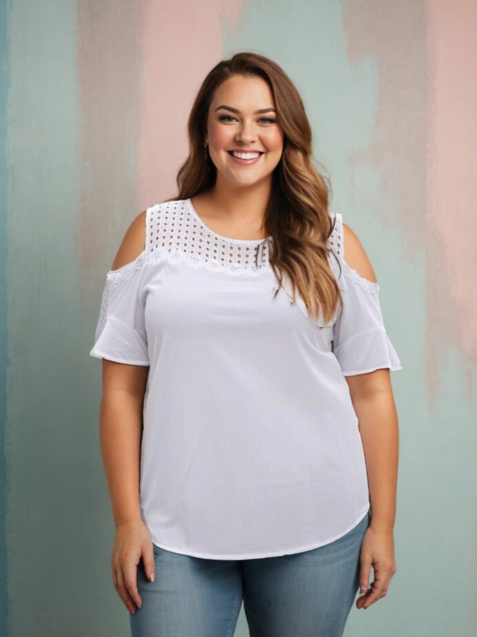 Grossiste Pomme Rouge Paris - Top blanc grande taille ajouré avec perles (A958)