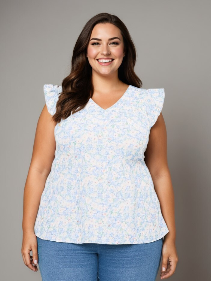 Grossiste Pomme Rouge Paris - Top grande taille imprimé bleu (C6577)