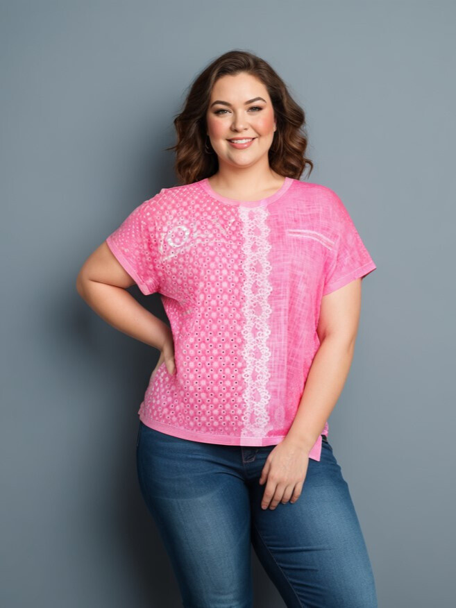 Grossiste Pomme Rouge Paris - Tshirt grande taille rose (C8013)