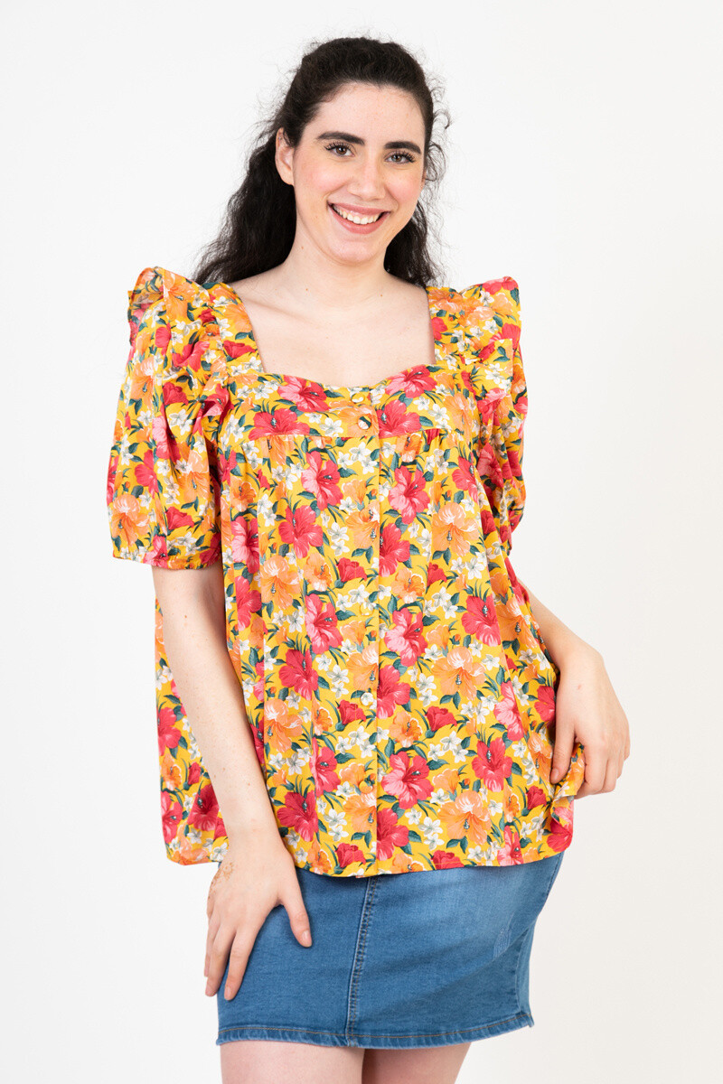 Grossiste Pomme Rouge Paris - Top imprimé fleuri jaune (C6565)