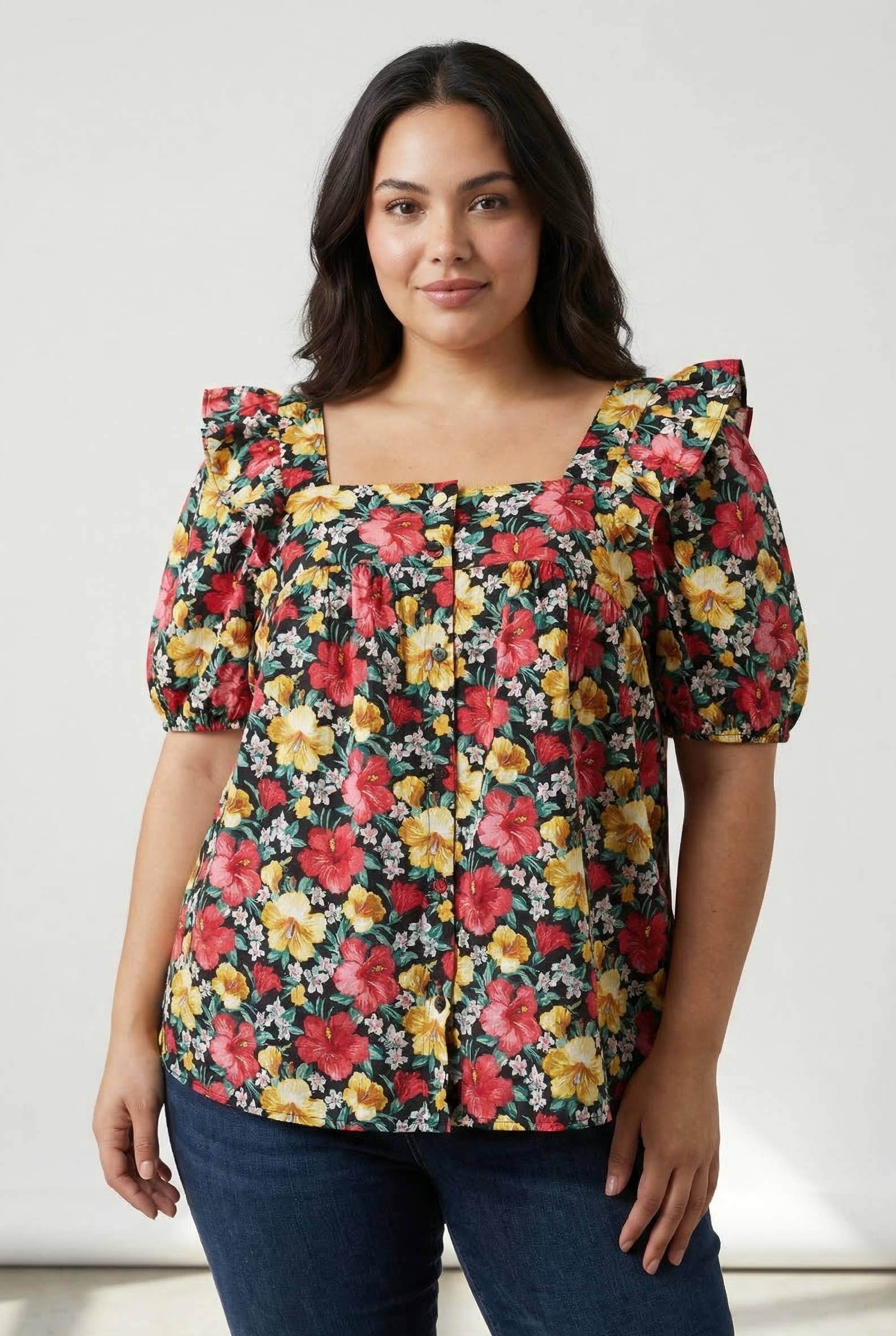 Grossiste Pomme Rouge Paris - Top grande taille imprimé fleuri noir (C6565)