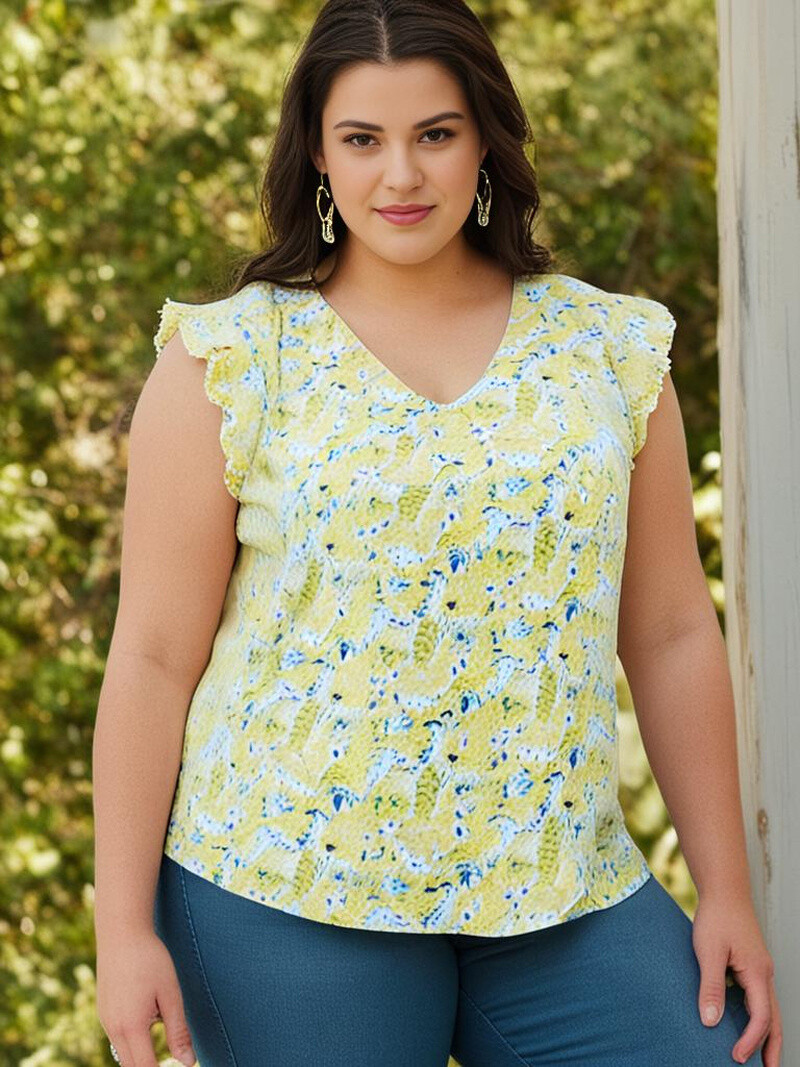 Wholesaler Pomme Rouge Paris - Top large size yellow printed (C6577)