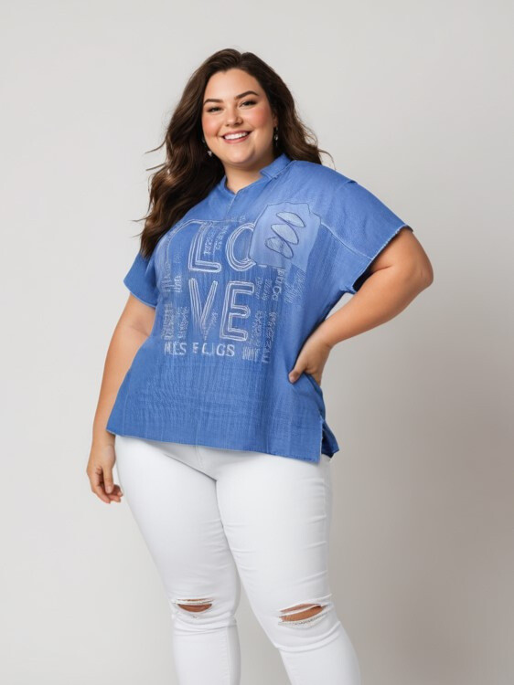 Grossiste Pomme Rouge Paris - Tshirt grande taille bleu (C8012)