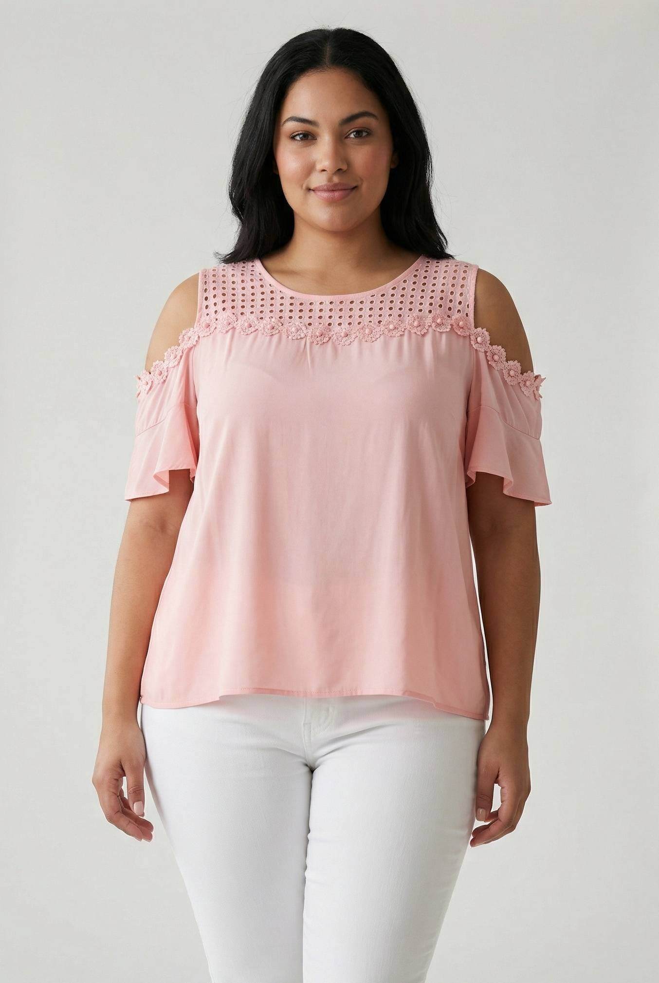 Grossiste Pomme Rouge Paris - Top rose grande taille ajouré avec perles (A958)