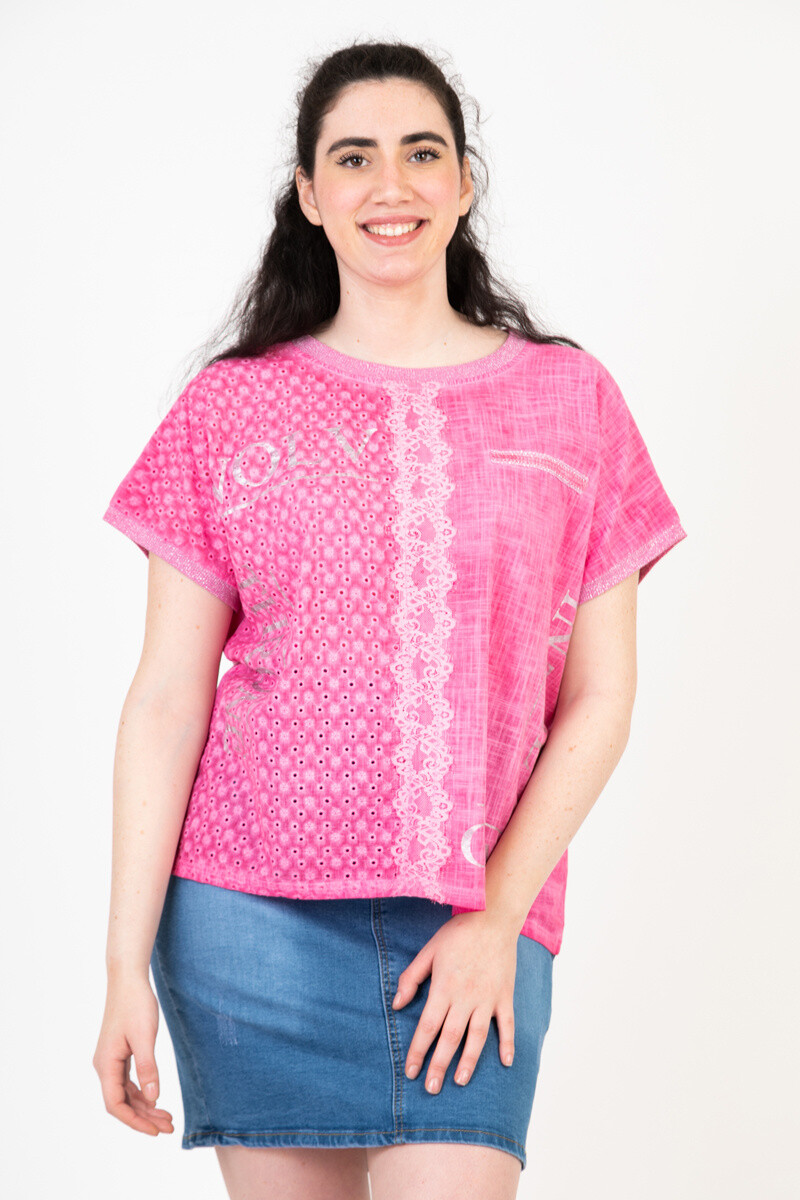 Grossiste Pomme Rouge Paris - Tshirt grande taille rose (C8013)