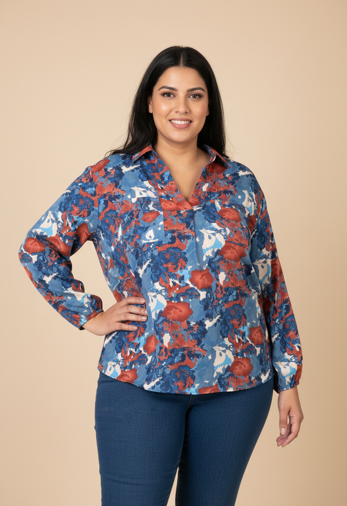Wholesaler Pomme Rouge Paris - Plus Size Blue Print Shirt (C6632)