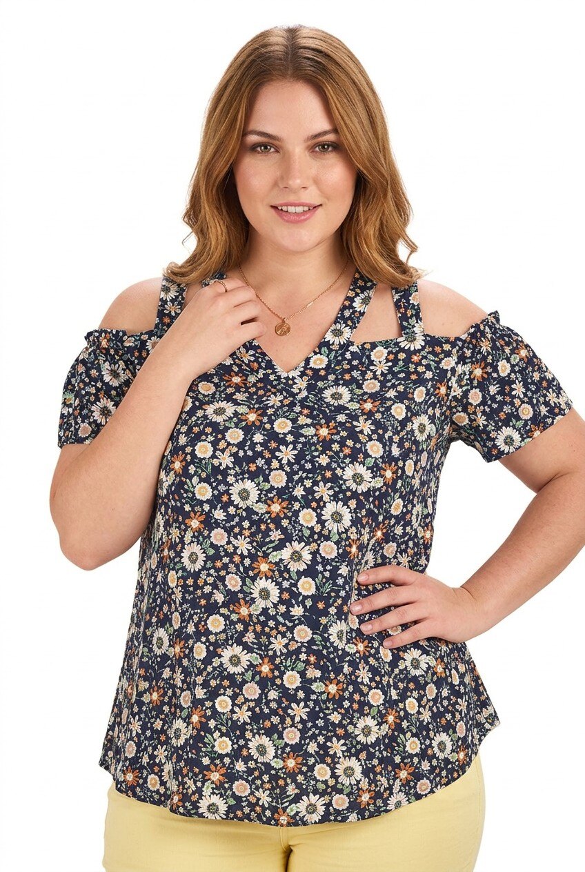 Grossiste Pomme Rouge Paris - Top motif fleuri bleu grande taille (C6204)