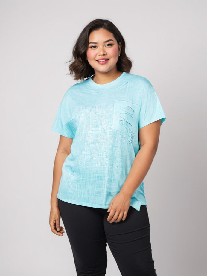 Grossiste Pomme Rouge Paris - Tshirt grande taille turquoise (C8012)
