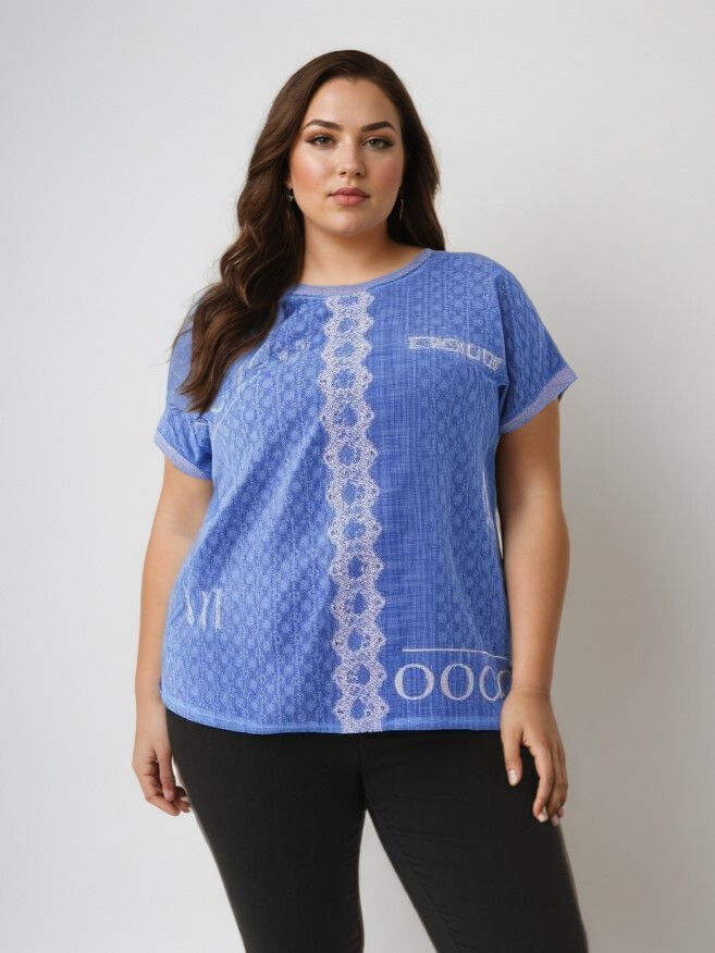 Grossiste Pomme Rouge Paris - Tshirt grande taille bleu (C8013)