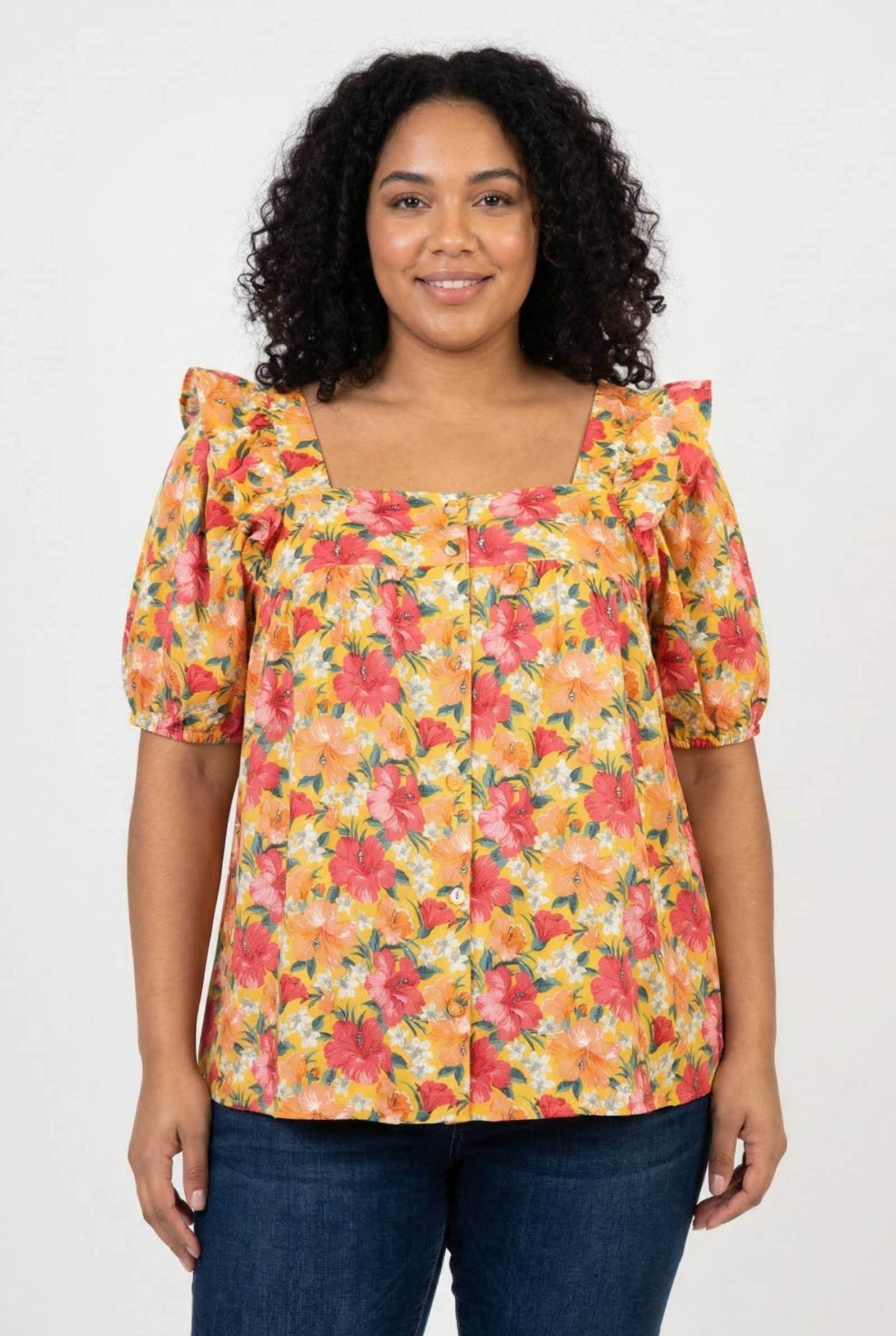 Grossiste Pomme Rouge Paris - Top grande taille imprimé fleuri jaune (C6565)
