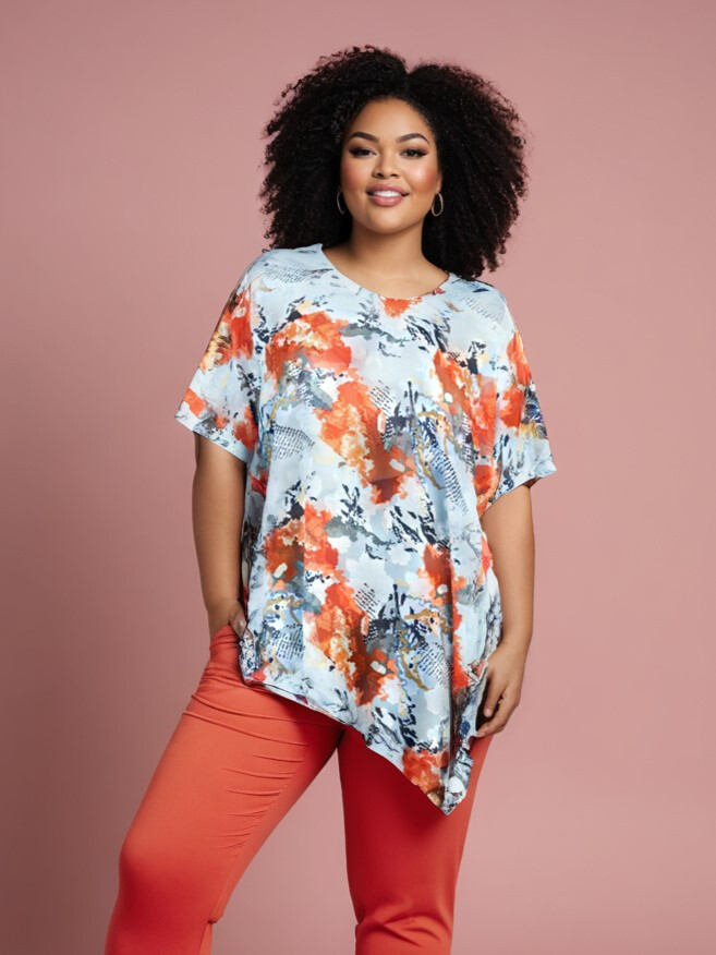 Grossiste Pomme Rouge Paris - Top grande taille imprimé bleu (C6596)
