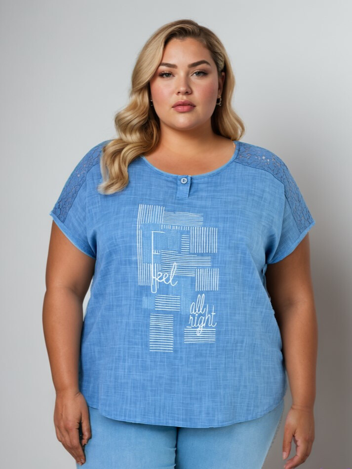 Grossiste Pomme Rouge Paris - Tshirt grande taille bleu (C8011)