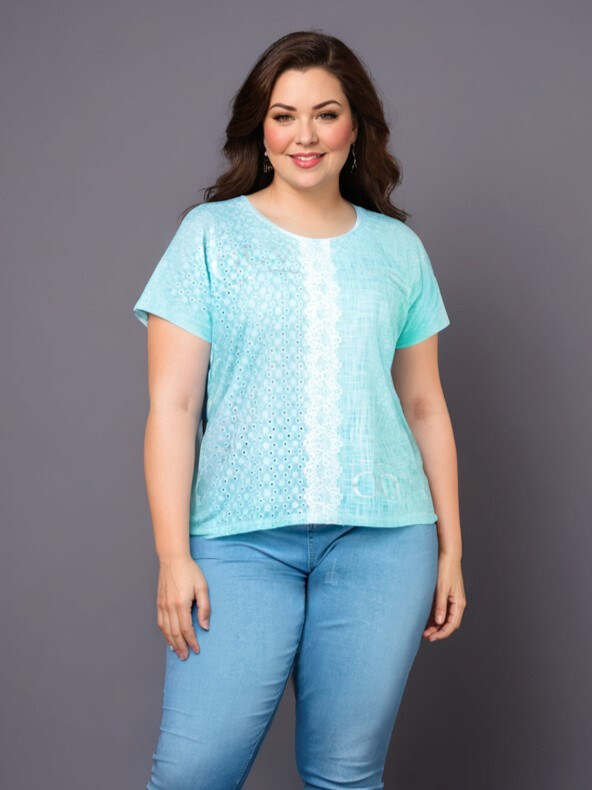 Grossiste Pomme Rouge Paris - Tshirt grande taille turquoise (C8013)