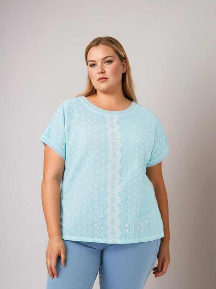 Grossiste Pomme Rouge Paris - Tshirt grande taille turquoise (C8013)