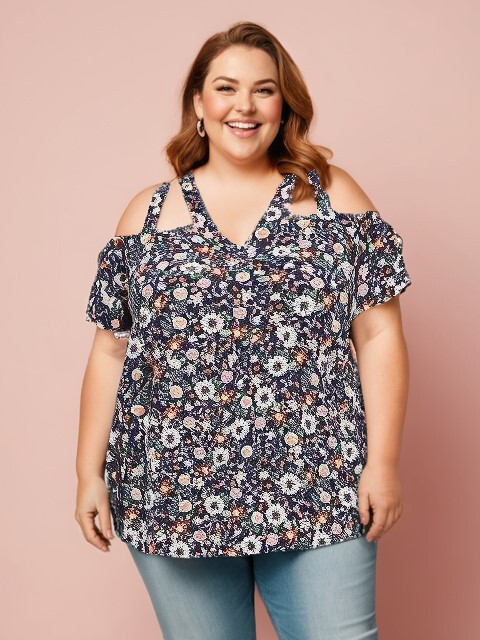 Grossiste Pomme Rouge Paris - Top motif fleuri bleu grande taille (C6204)