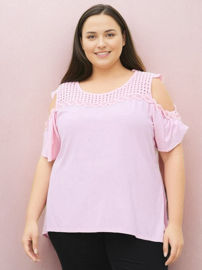 Grossiste Pomme Rouge Paris - Top rose grande taille ajouré avec perles (A958)