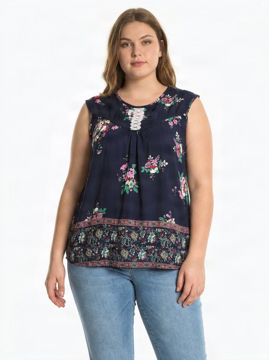 Grossiste Pomme Rouge Paris - Top grande taille imprimé floral bleu (A955)