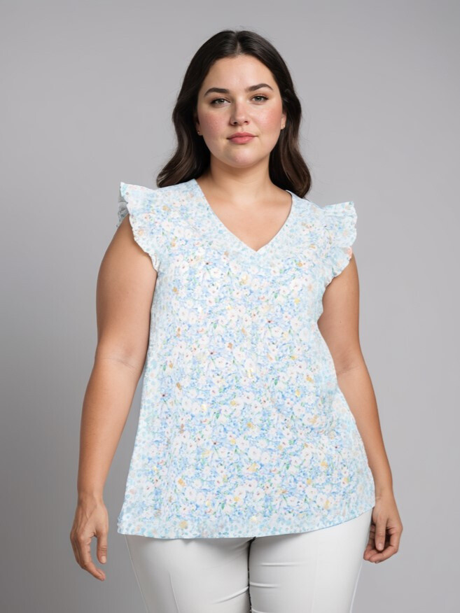 Grossiste Pomme Rouge Paris - Top grande taille imprimé bleu (C6577)