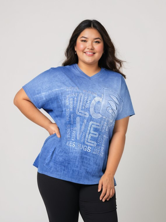 Grossiste Pomme Rouge Paris - Tshirt grande taille bleu (C8012)