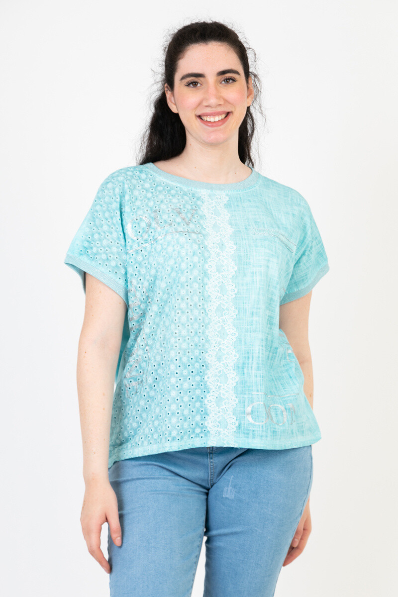 Grossiste Pomme Rouge Paris - Tshirt grande taille turquoise (C8013)