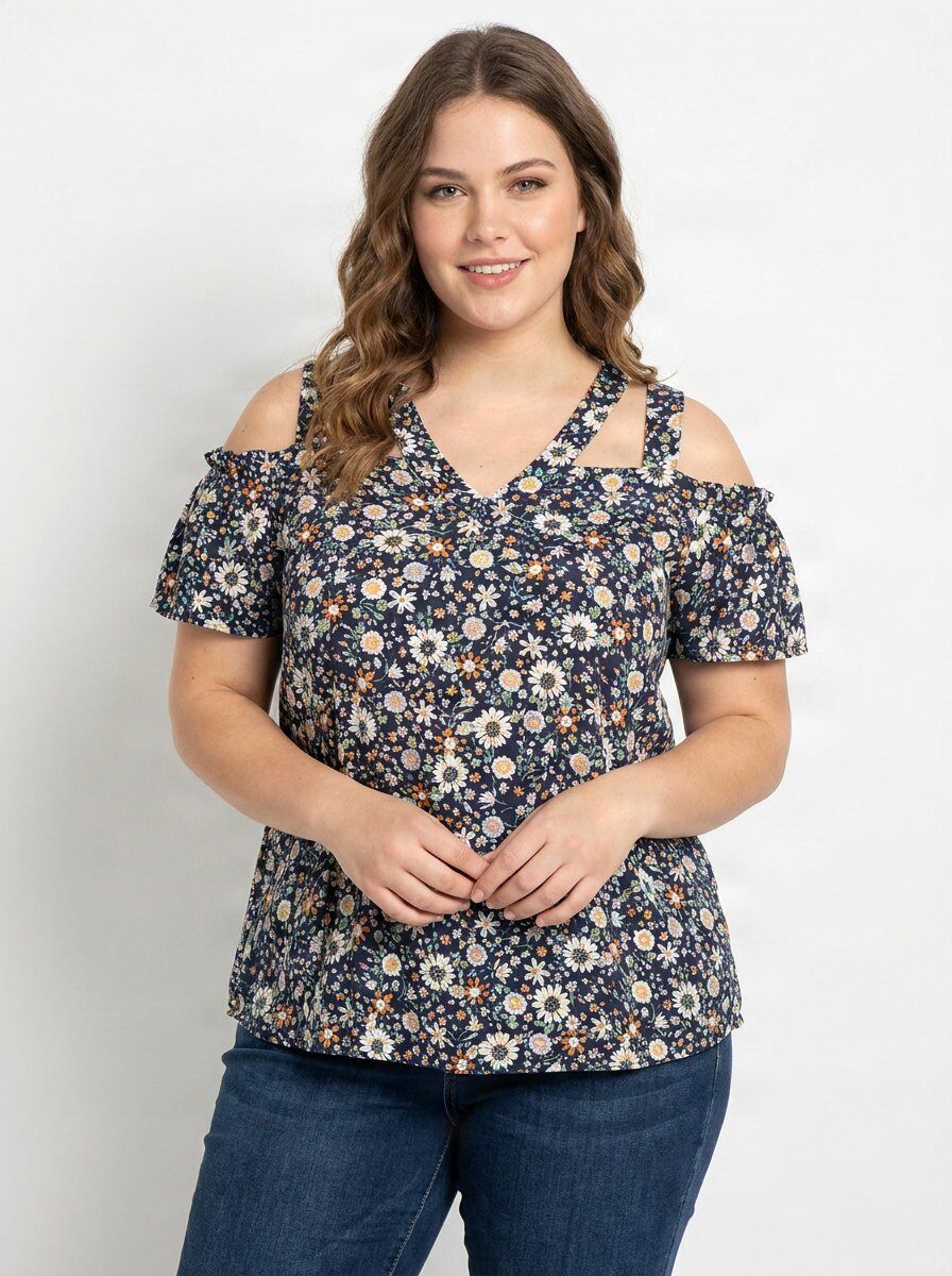 Grossiste Pomme Rouge Paris - Top motif fleuri bleu grande taille (C6204)