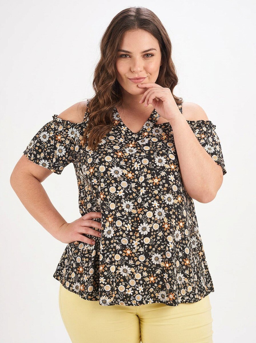 Grossiste Pomme Rouge Paris - Top motif fleuri noir grande taille (C6204)